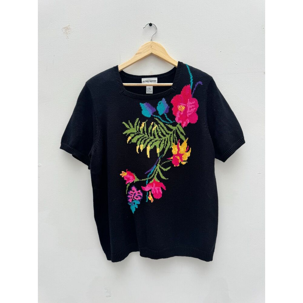 Alfred Dunner Black Floral Knit Short Sleeve Sweater Size L Vintage